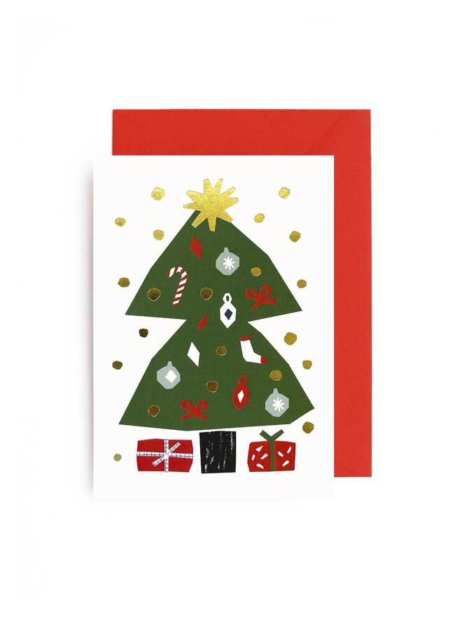 Set of 8 Luxe Christmas Tree cards with presents and gold foil snow and star with red envelopes.