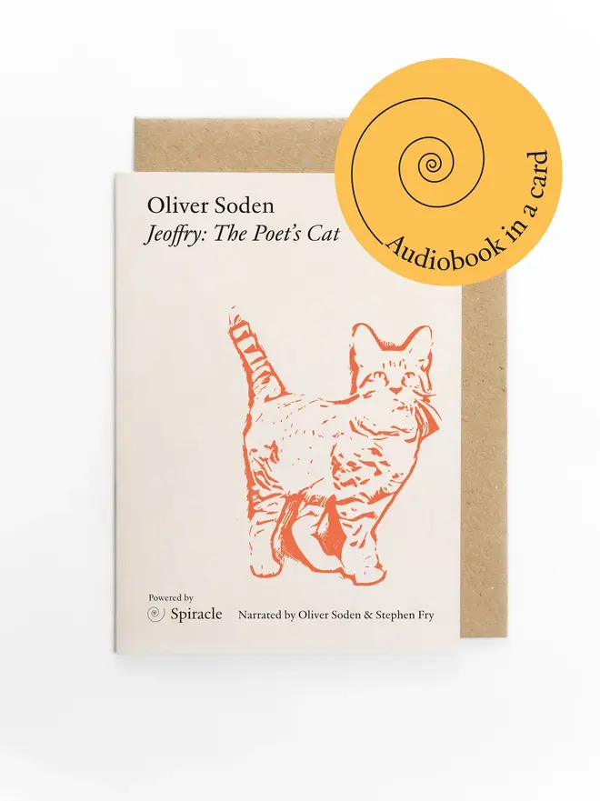 Jeoffry: The Poet's Cat By Oliver Soden Audiobook In A Card, on a white background. 