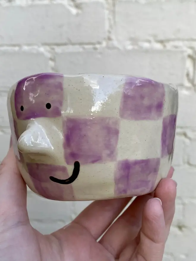 purple white check handmade ceramic smiley face pot