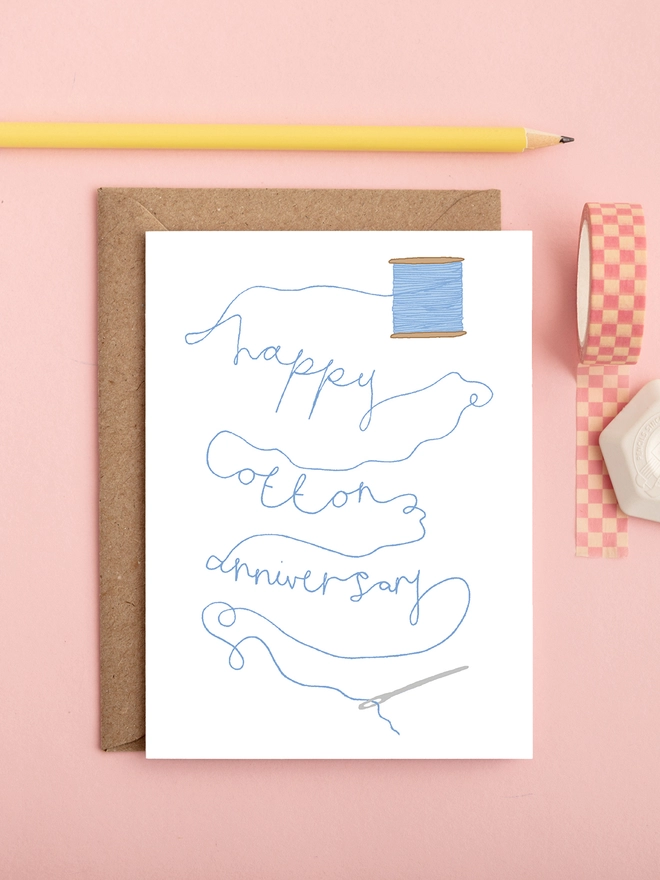Elegant second wedding anniversary card featuring writing with cotton thread 