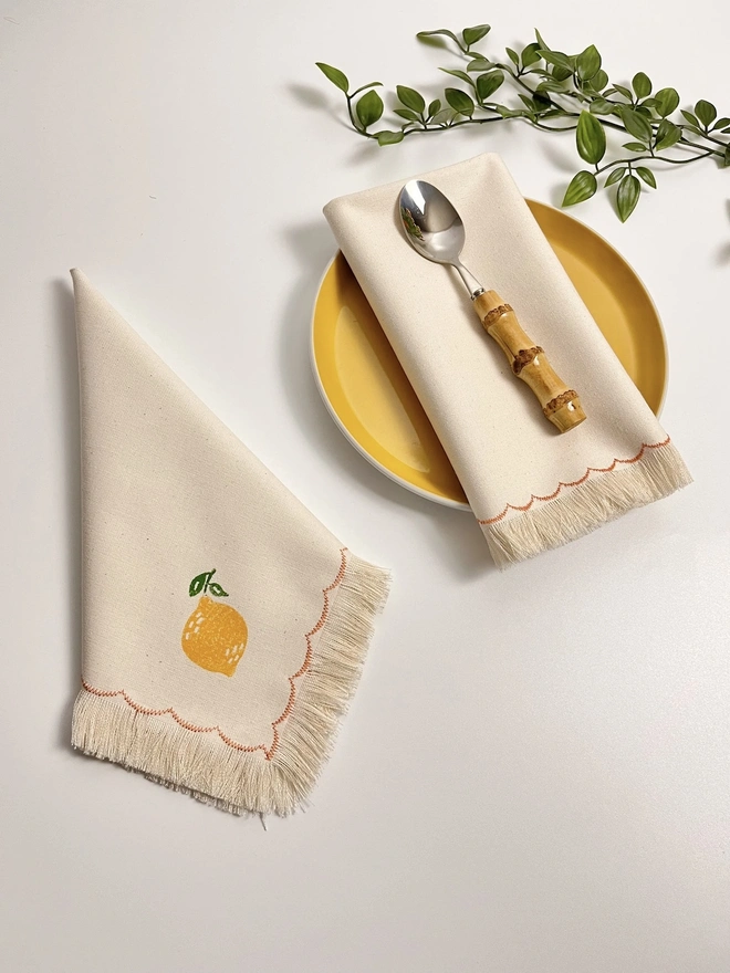 Block Printed Fringed Napkins (Lemon Set Of 2)