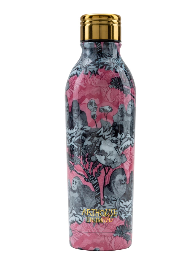 gorillas sustainable insulated charity water bottle with pinks & black gorllia illustrations