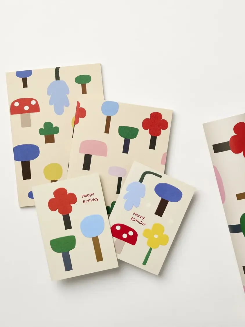 The perfect collaboration with Ayesha Pearce has brought us this lovely sketchbook or notebook. Plain inside, the playful cover pattern featuring mushroons, leaves and trees will be popular with adults and children alike due to the simple palette on neutral beackground.