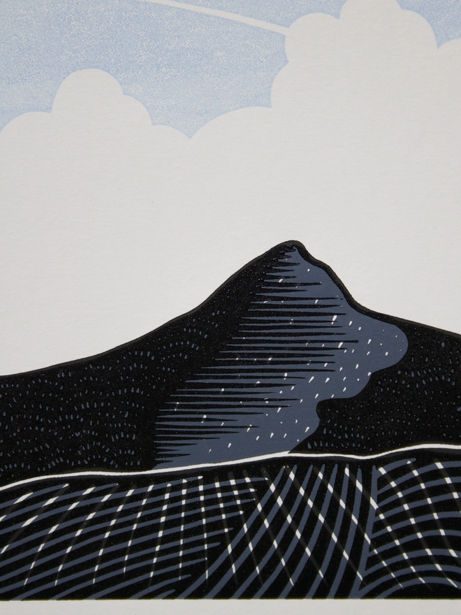 Linocut print of Sugarloaf mountain handmade art
