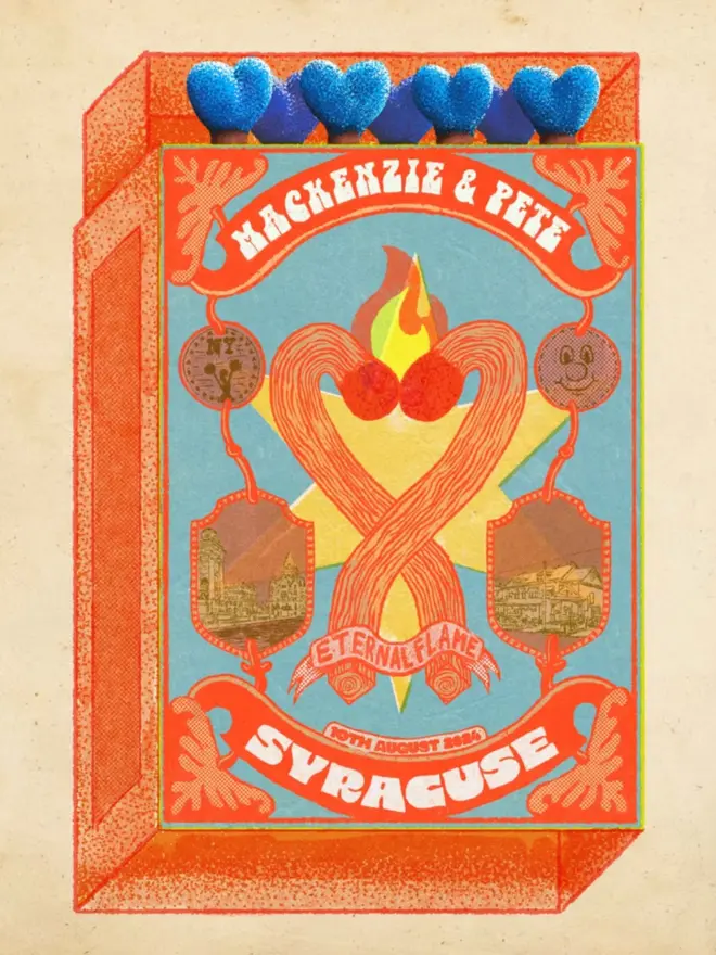 
An illustrated, retro-style matchbox with a bright orange border and a light blue background. The central image features a stylized, braided red heart with a flame on top, a yellow star behind it, and the words "ETERNAL FLAME" on a banner at the bottom. Two small crests on either side of the heart show different buildings and landscapes, and two round icons above the crests show a face with a mustache and a winking face with a halo. A large red banner at the top reads "MACKENZIE & PETE" and a larger banner at the bottom says "SYRACUSE" with "10TH AUGUST 2024" in smaller text below it. The match tips on the top are light blue hearts, and the entire image has a grainy, textured appearance.