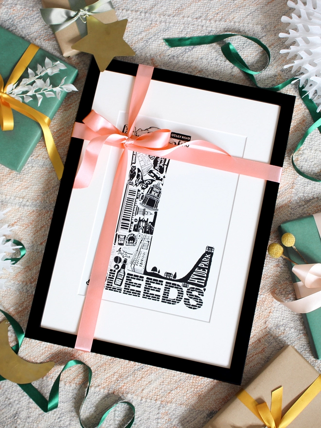 Leeds print framed and wrapped as gift