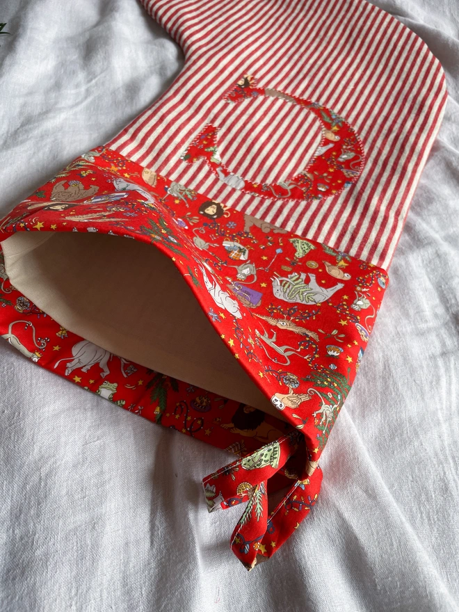 Red Stiped Linen stocking with liberty print cuff and letter