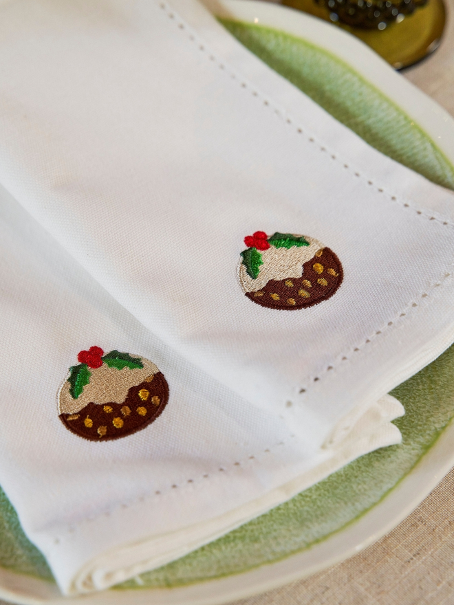 Embroidered Christmas pudding napkins