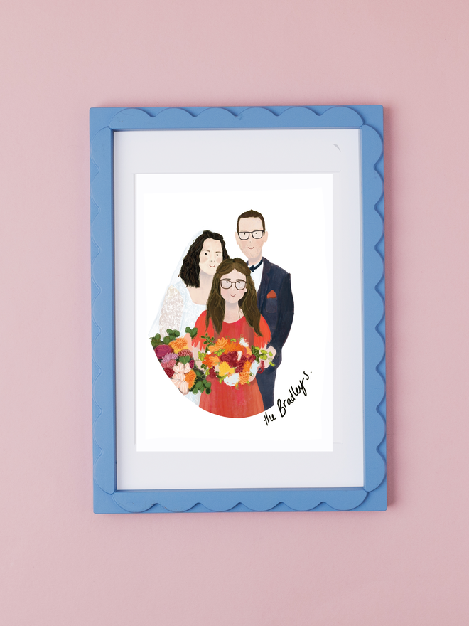 custom illustrated family portrait. portrait of parents and daughter in wedding attire holding flowers.