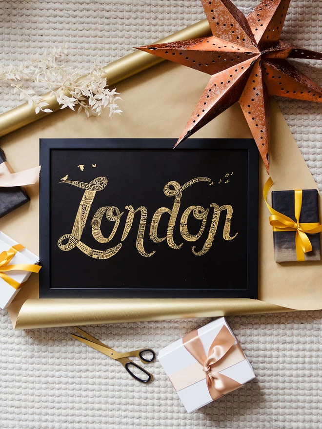 London iconic typographic black and gold print