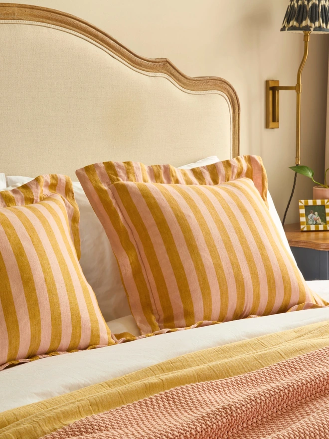 Handmade peach and mustard stripe pure linen oxford cushion 45cm with feather pad, Kika Bespoke