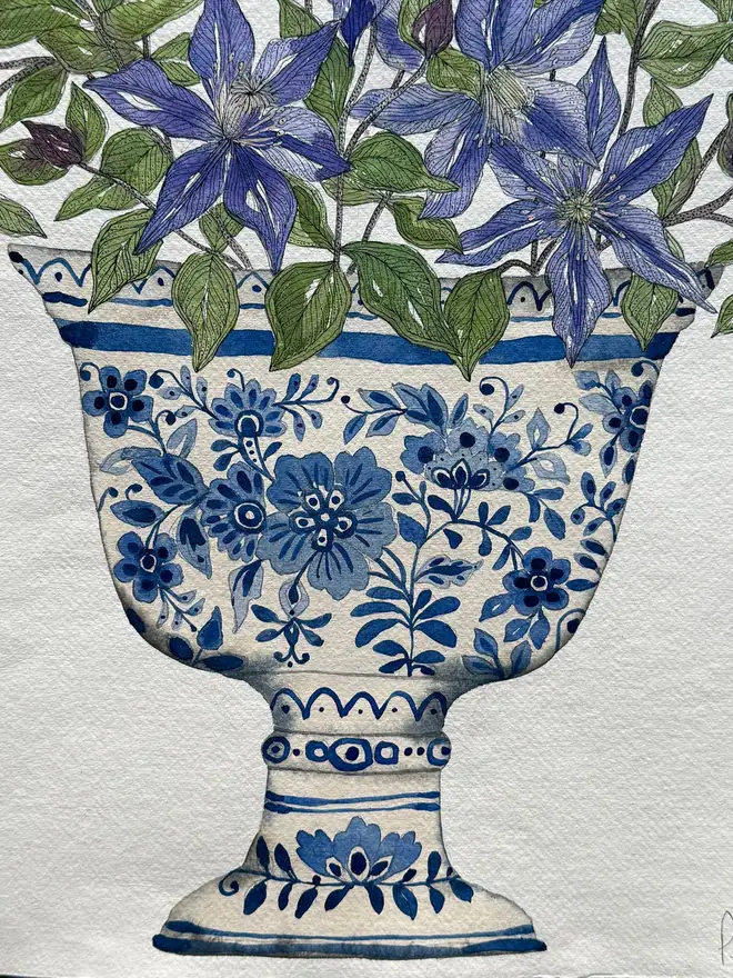 Clematis ‘Arabella’ in a delft vessel