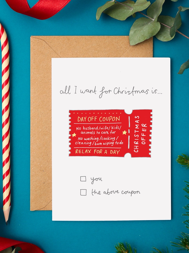 Funny Christmas Card Featuring a Day Off Coupon