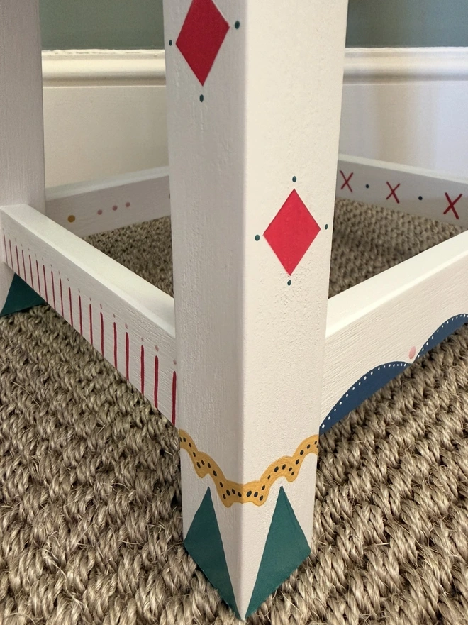 Close up of detail on handpainted Childs stool. 