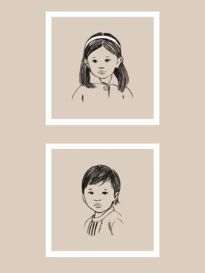 2 examples of personalised miniature drawings of children of asian girls drawn in pencil and sepia background