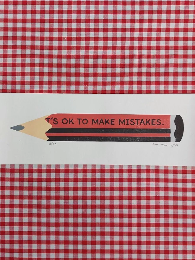 'Its Ok To Make Mistakes' Red Pencil Linocut 