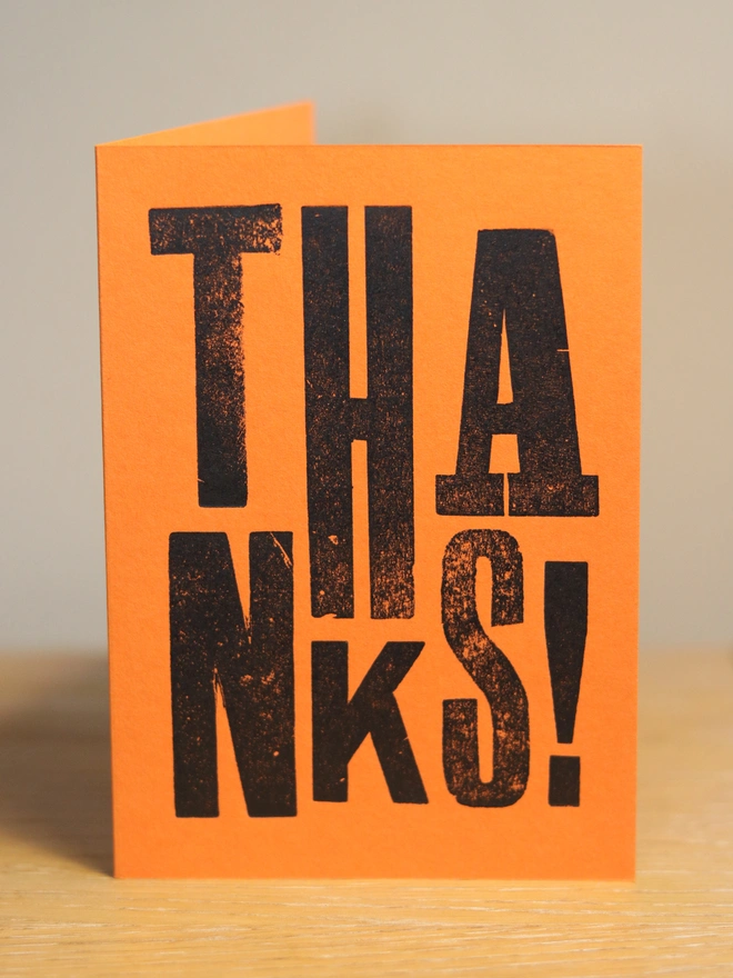 Vintage handmade letterpress printed thank you card in orange