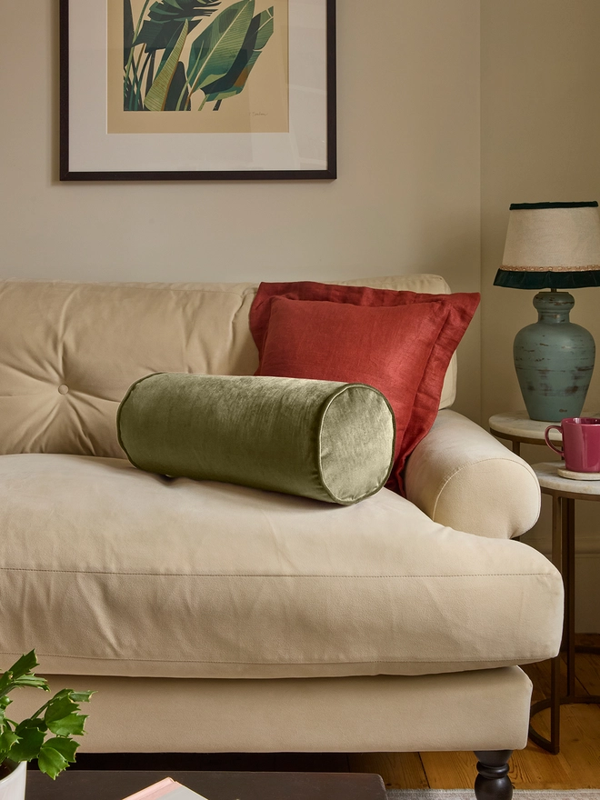 Kika Bespoke handmade velvet piped bolster cushion 50x20cm in Sage