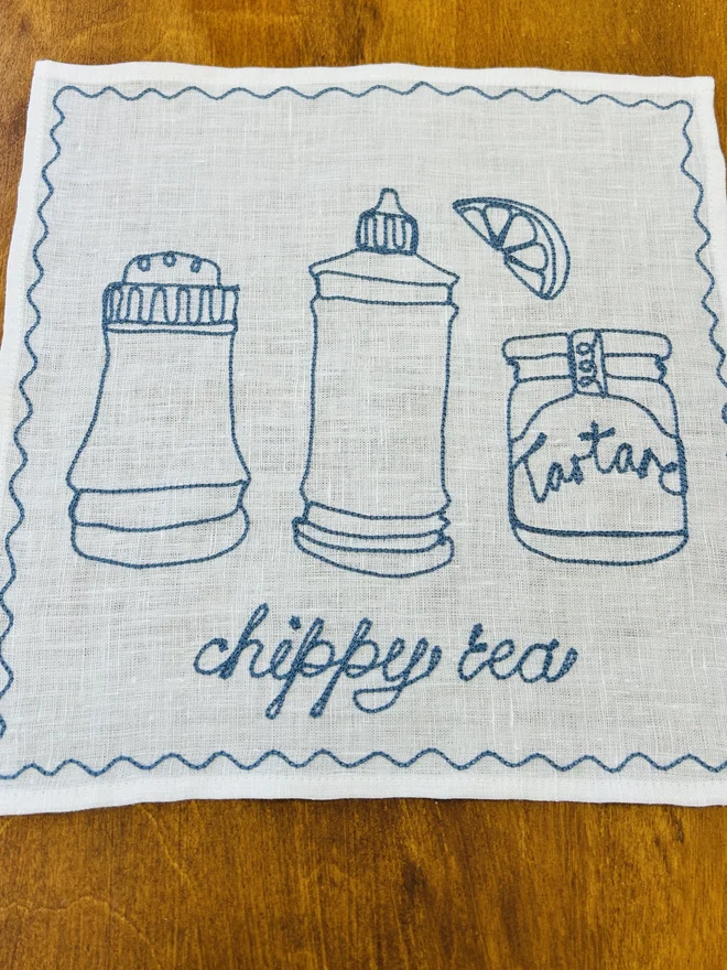 embroidered chippy tea in dusty blue thread hankie