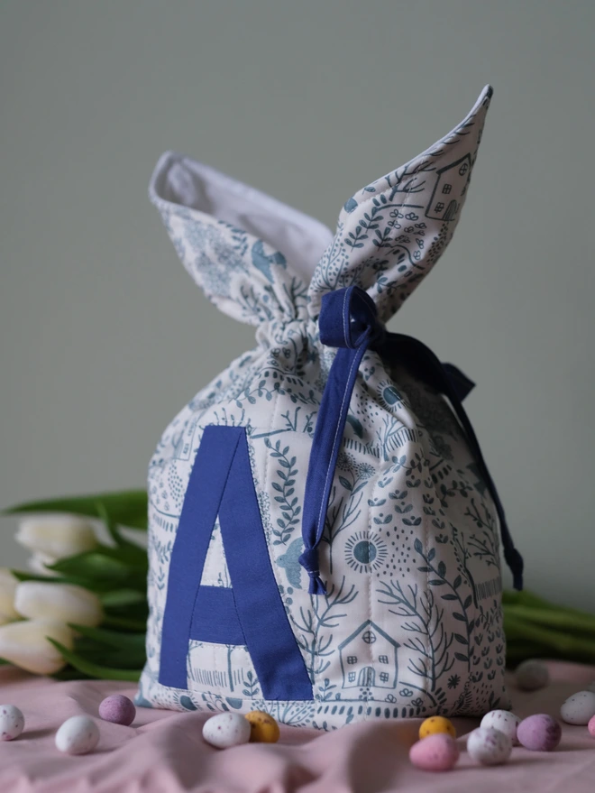 Cooper and Fred personalised Easter bag in Cottage Garden print with navy letter
