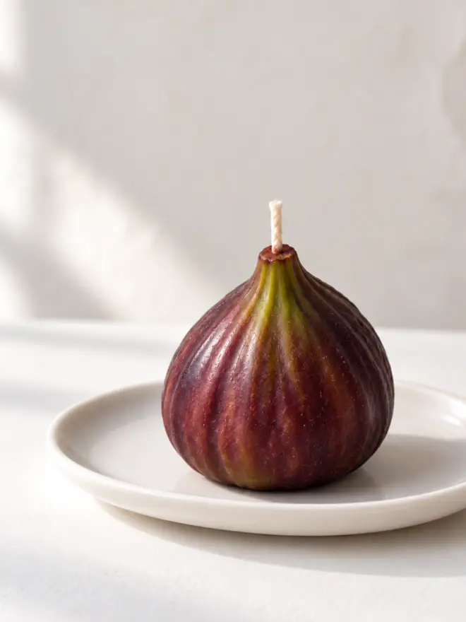 one single fig candle on a plat