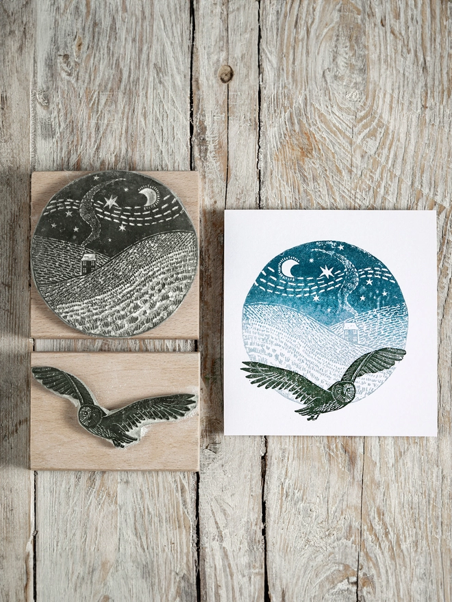 owl and landscape rubber  stamp