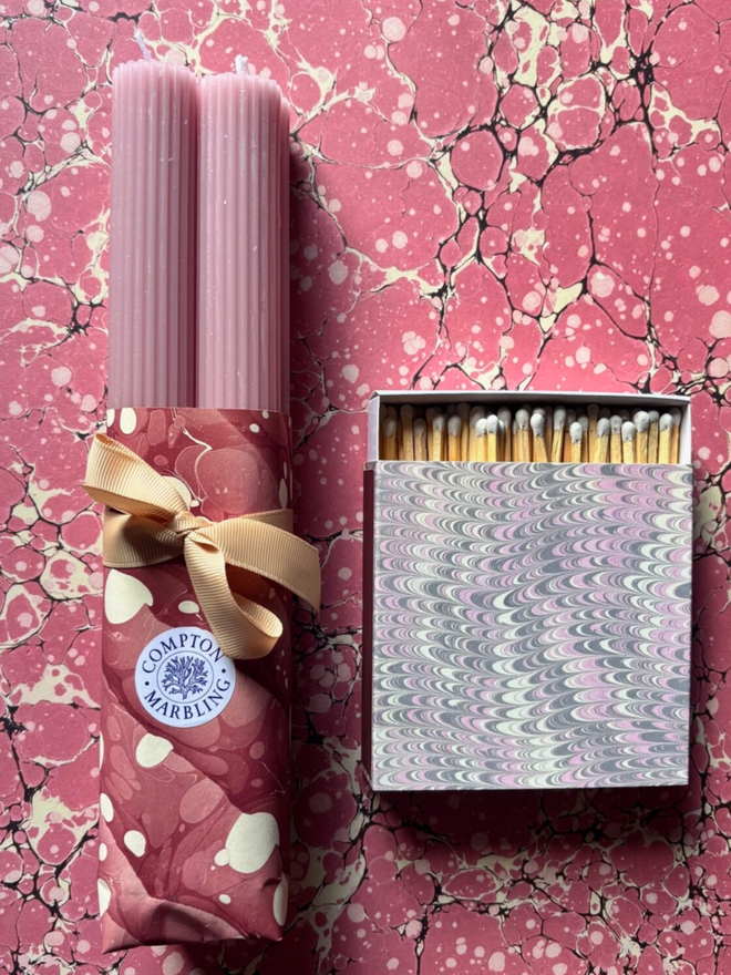 Scalloped Candles & Square Matchbox. Candles and matchbox in Dusky Pink.