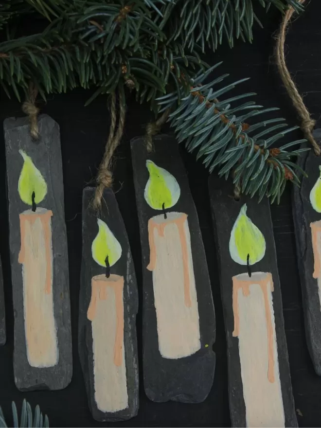 Candle Christmas decorations handpainted on slate