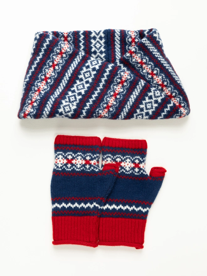 Blue, Red and White Mittens and Neck Warmer