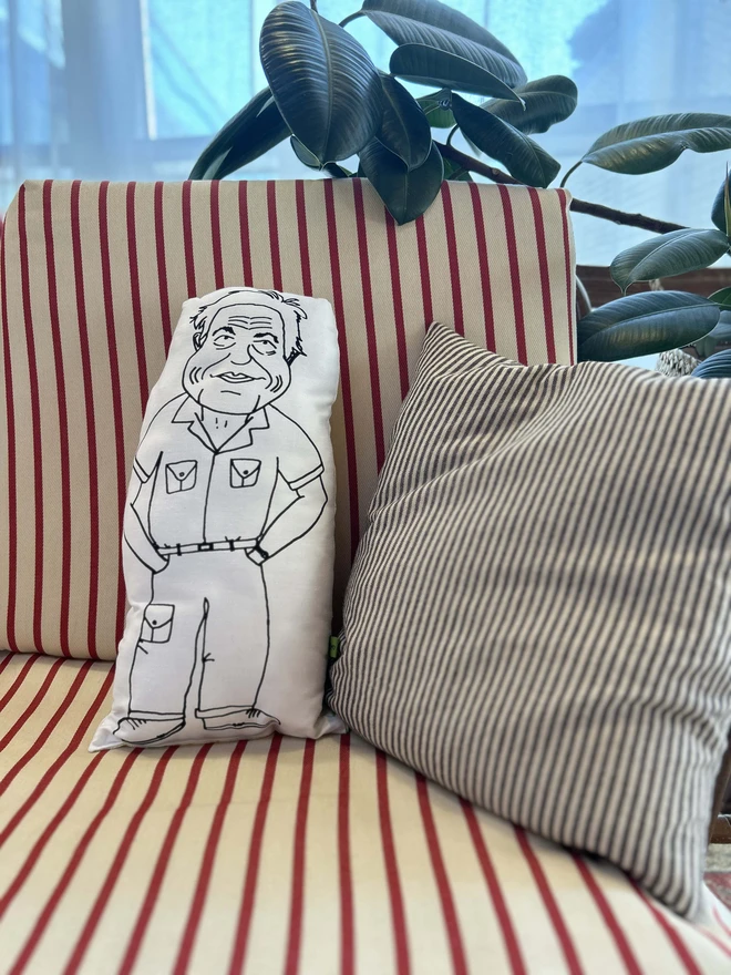 Black and white illustrated screen printed cushion of Sir David Attenborough. The cushion sits on a striped sofa.