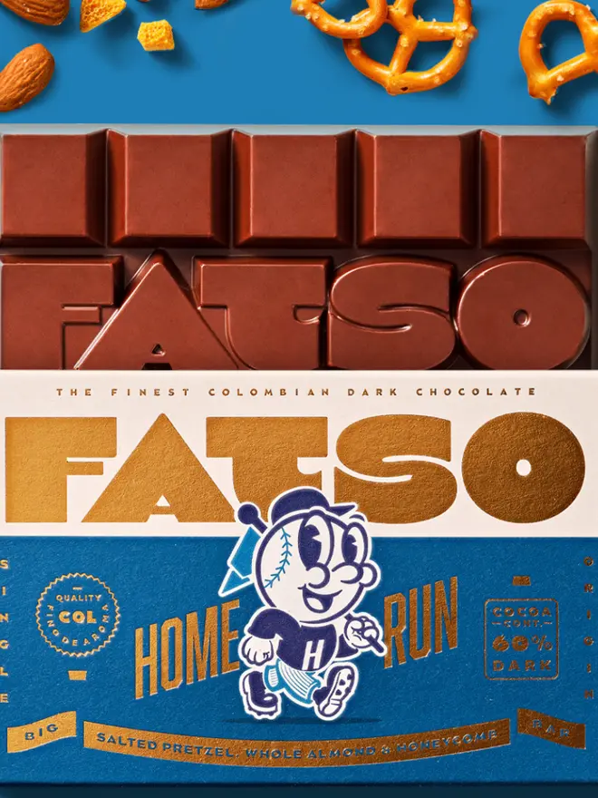 FATSO Dark Chocolate Bar, Home Run Pretzel, Almond and Honeycomb flavour