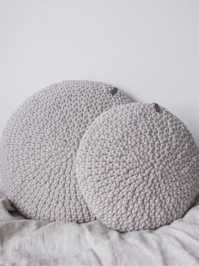 hand crocheted round cushions linen