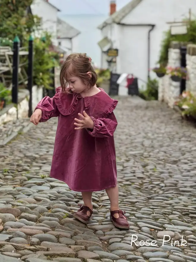 kids velvet dress with big frill collar Rose Pink