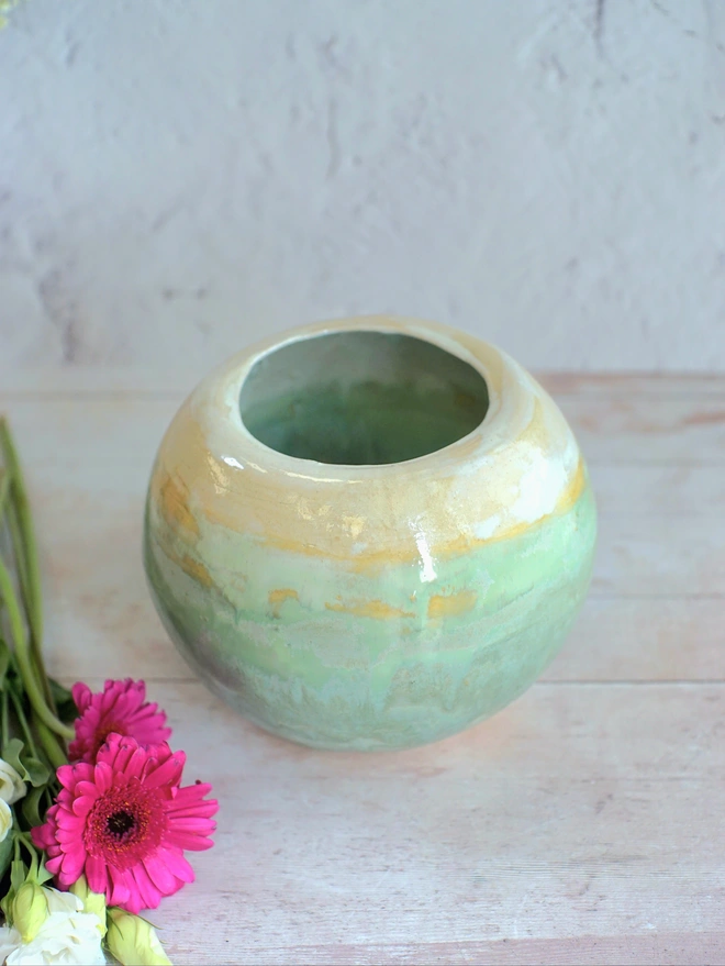 large green vase, round vase, globe vase, ceramic large vase, vase gift, flower vase, flower gift, gift for flower lovers, Floral gift, blue vase, Jenny Hopps Pottery