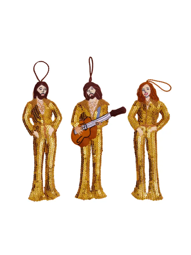 bee gees in sequin outfits as hanging decorations