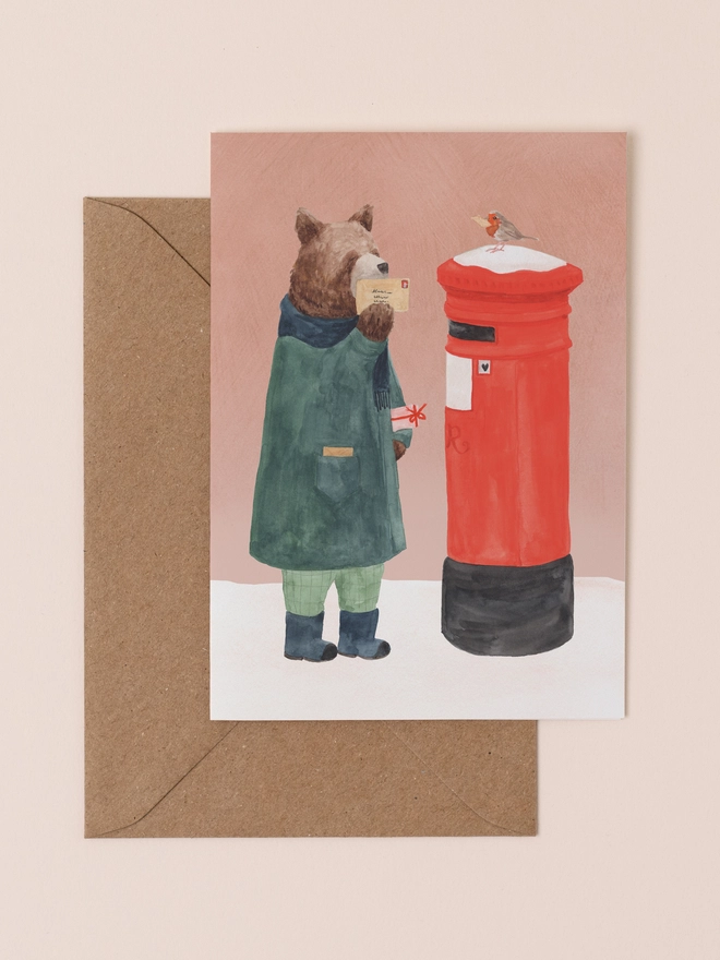 Kissmas post bear and postbox illustration card