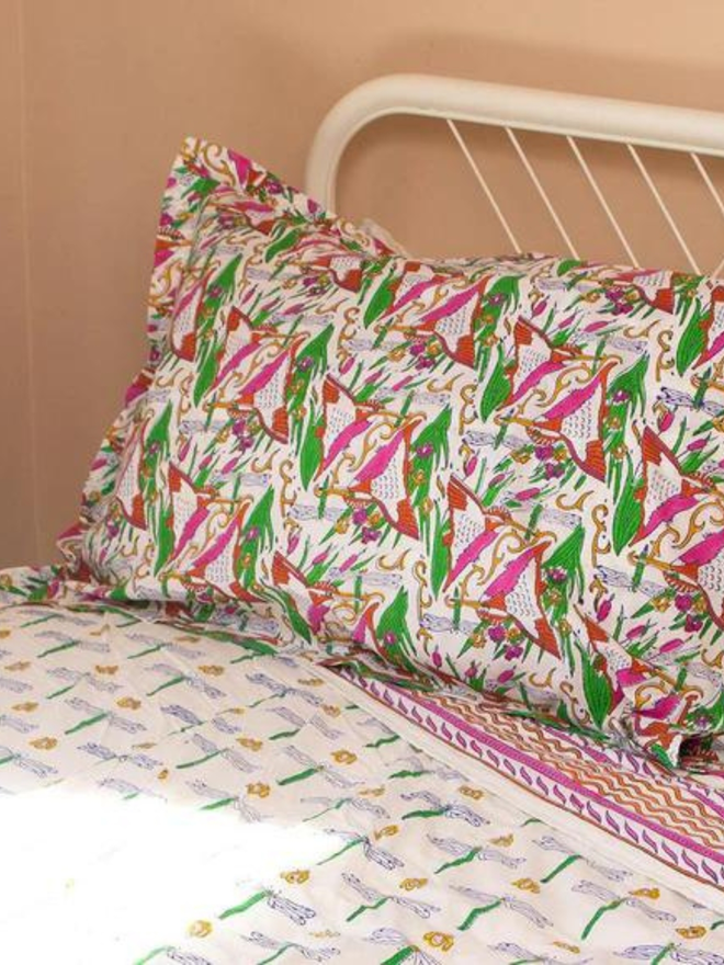 Indian Block Printed Pillowcase 'Kingfisher'
