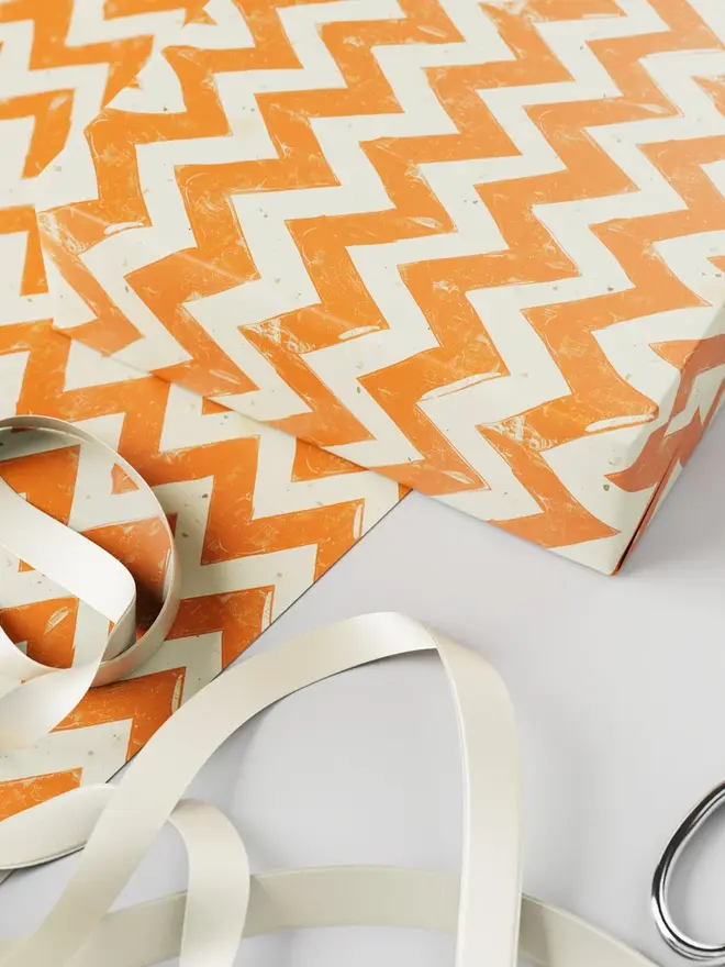 Orange Zig Zag Block Print Wrapping Paper