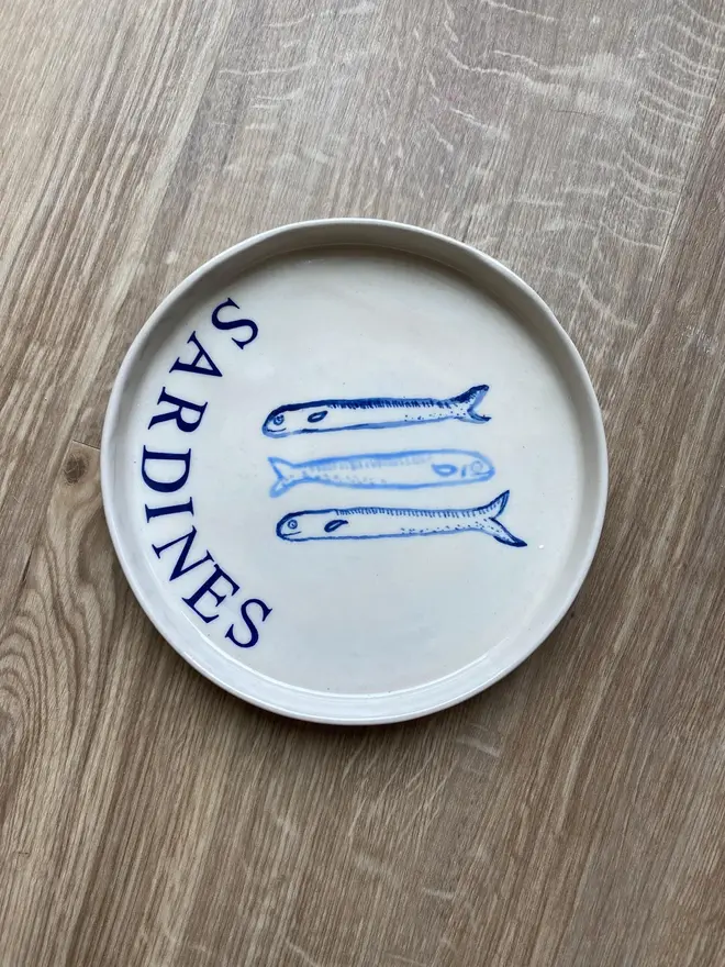'Sardines' Ceramic Side Plate With 3 Blue Fish 