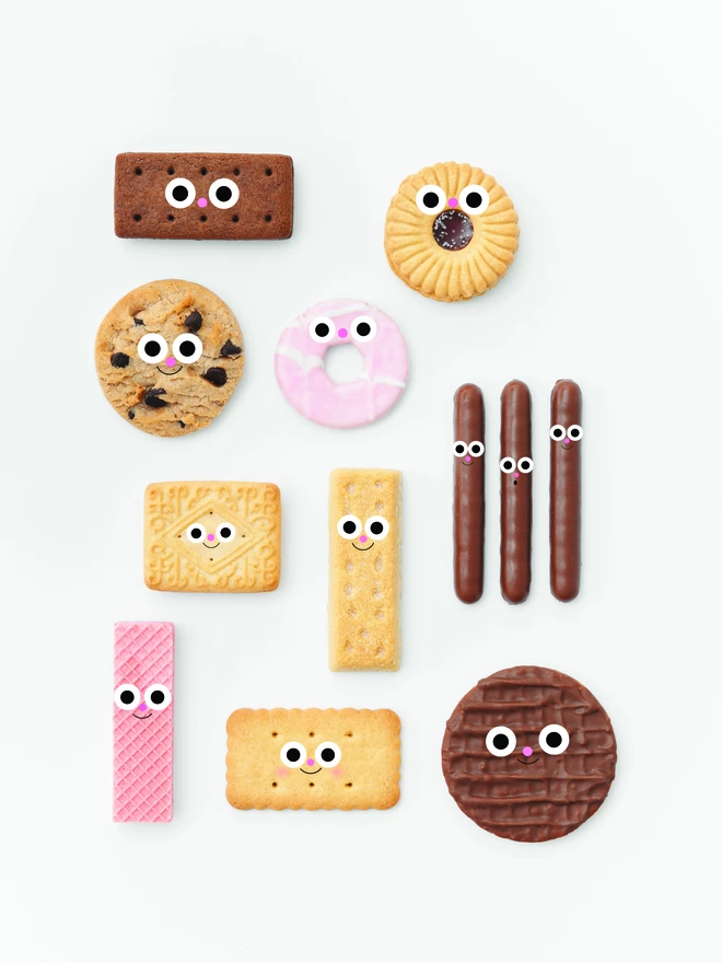 A selection of biscuits with cute faces. on a white background 