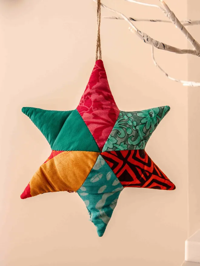 Upcycled Christmas Sari Star Decoration Large