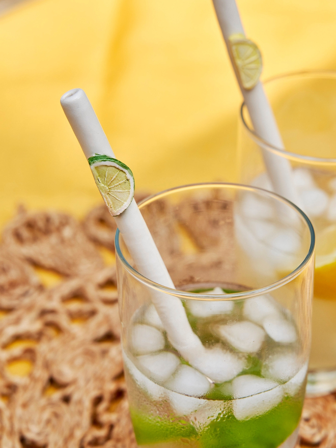 Lemon, Lime and Orange slice ceramic drinking straws on a garden table