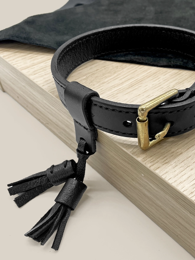 crop of black leather collar with leather tassels