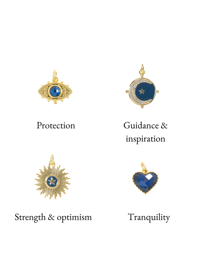 Blue and gold charms on a white background