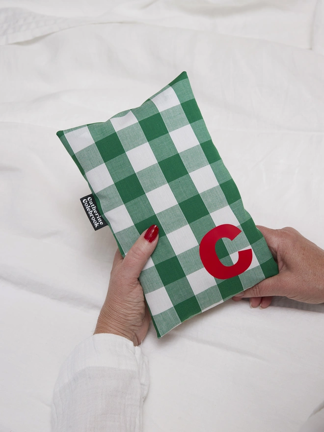 CATHERINE COLEBROOK PERSONALISED GINGHAM CUTE HOT WATER BOTTLE - GREEN