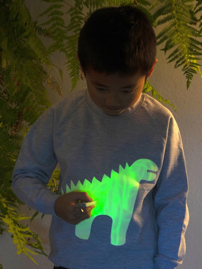 Boy drawing with light onto glow up dinosaur sweat