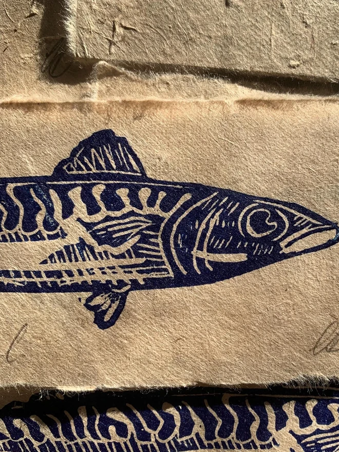 Lino Print Mackerel Fish Handmade Paper