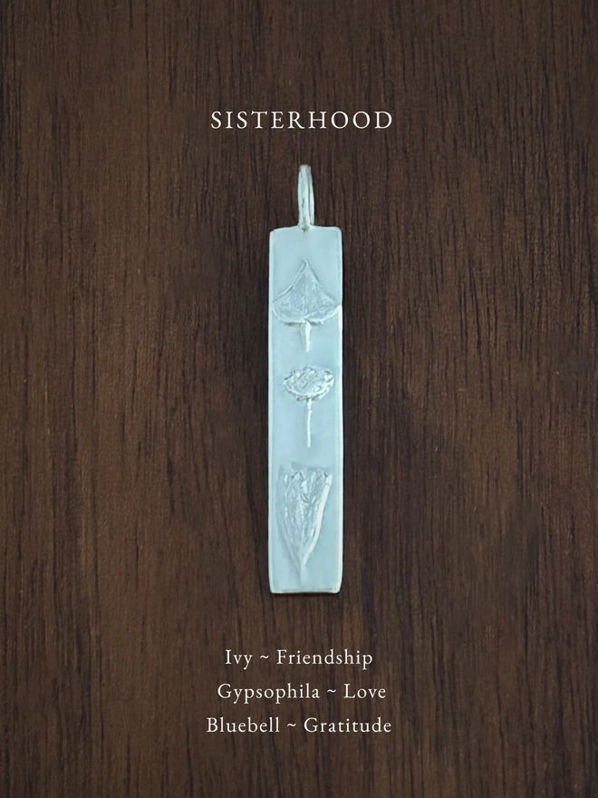 Sisterhood bar pendant in sterling silver on a dark background with the meaning of the flowers written in white