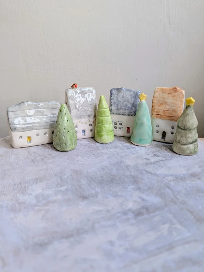 miniature ceramic house and tree for ornament or christmas cake topper decoraton