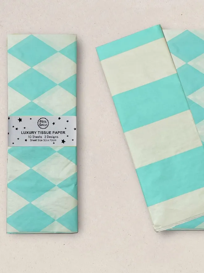 Mint and butter luxury pattern tissue paper bundle in harlequin and stripe design